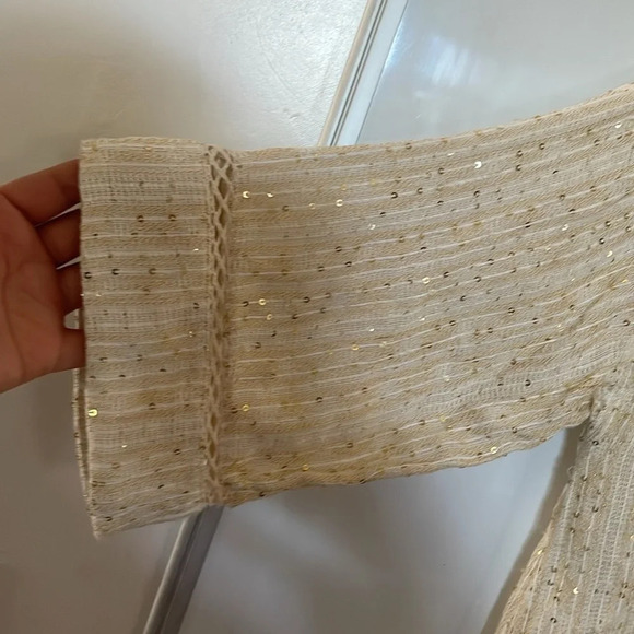 Soft Surroundings Loose Weave Ivory Gold Sequin Cardigan Boho Relaxed Top Sz XS - Picture 4 of 9